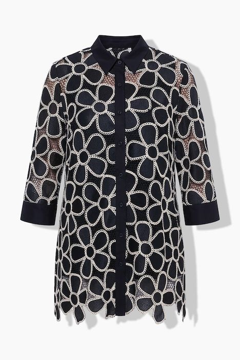 Chemisier en dentelle, coupe évasée, manches 3/4 et col chemise