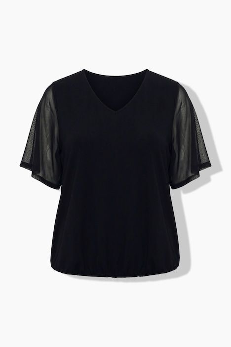 Blouse au tombé fluide, voile en tulle, décolleté en V et manches courtes