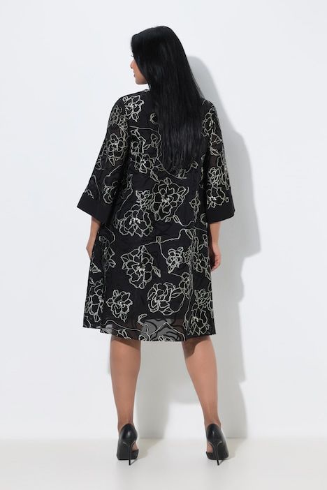 Robe en soie mélangée, manches 3/4 en cloche et décolleté en V, coupe évasée