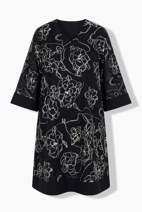 Robe en soie mélangée, manches 3/4 en cloche et décolleté en V, coupe évasée