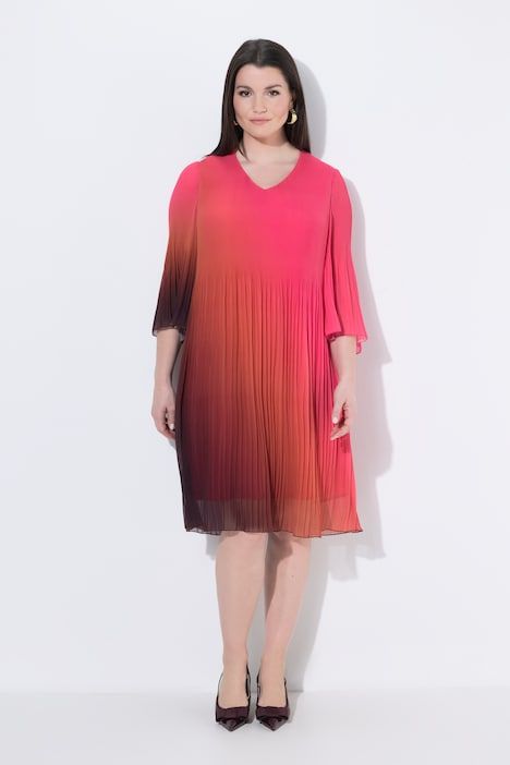 Robe plissée, dégradé, coupe A, col V, manches 3/4
