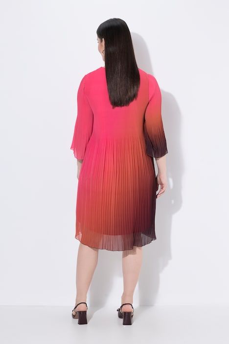 Robe plissée, dégradé, coupe A, col V, manches 3/4