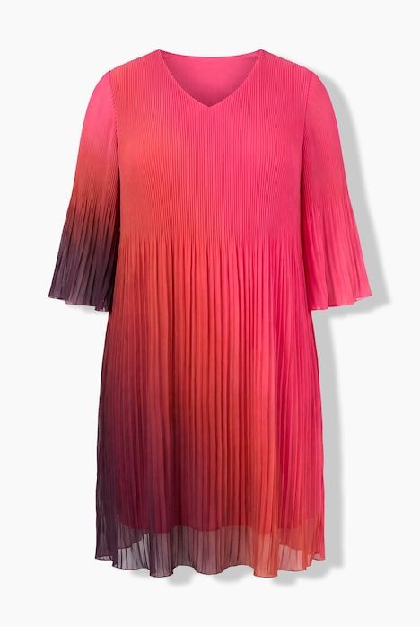 Robe plissée, dégradé, coupe A, col V, manches 3/4