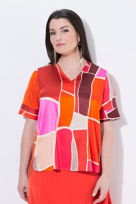 Blouse, imprimé, coupe A, col V, manches courtes