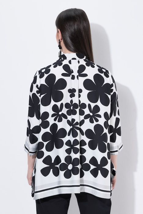 Blouse en satin, fleurs, oversize, col chemise, manches 3/4