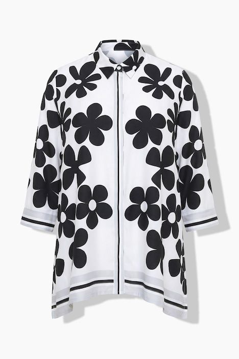 Blouse en satin, fleurs, oversize, col chemise, manches 3/4