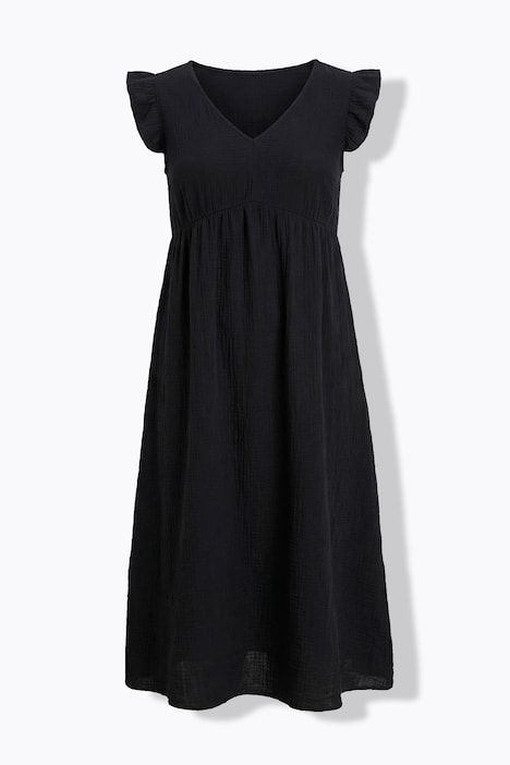 Robe longue, coupe A, col V, manches à volants