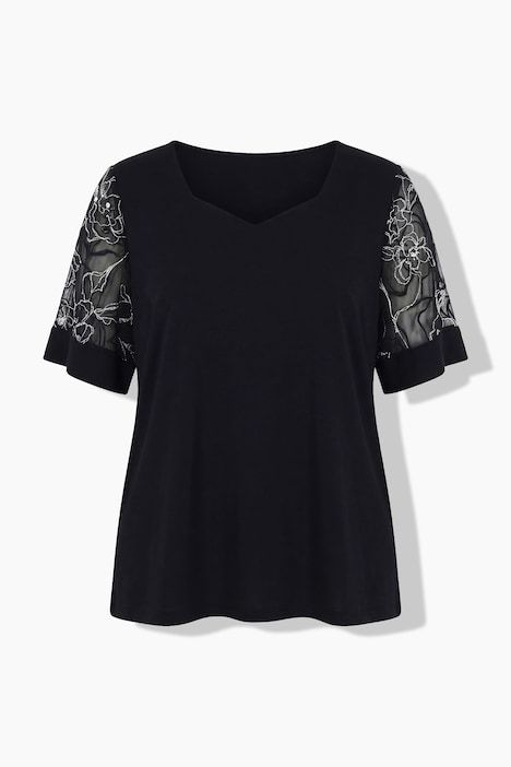 T-shirt point de Rome, manches courtes en soie mélangée dévorée, décolleté en forme de cœur et coupe évasée