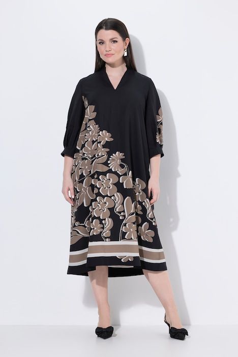 Robe midi en lyocell, col montant et manches 3/4, coupe évasée