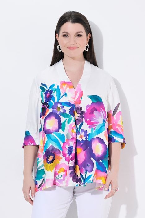 Blouse en satin, fleurs, coupe A, col calice, manches 3/4