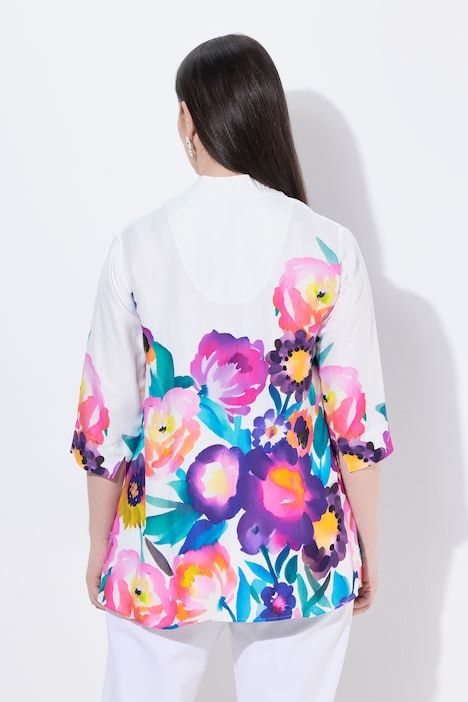 Blouse en satin, fleurs, coupe A, col calice, manches 3/4