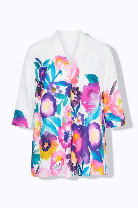 Blouse en satin, fleurs, coupe A, col calice, manches 3/4