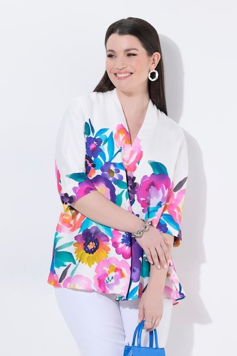 Blouse en satin, fleurs, coupe A, col calice, manches 3/4