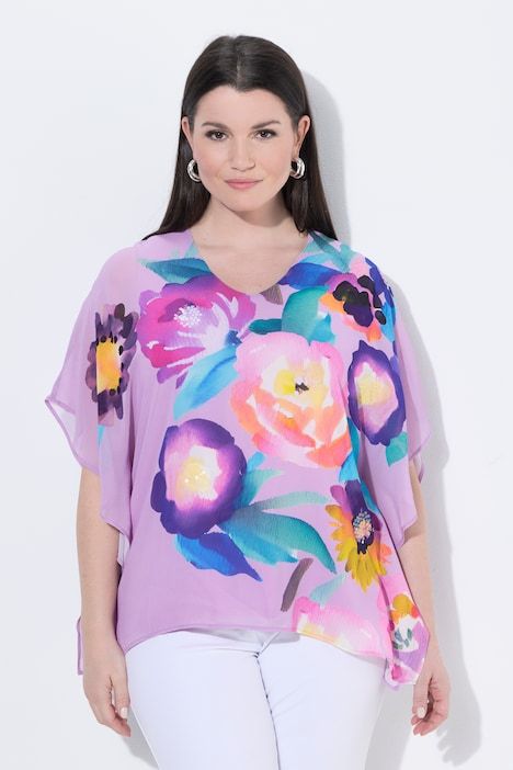 Blouse en mousseline, fleurs, double épaisseur, col V, manches courtes