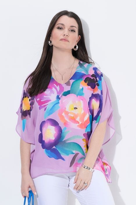 Blouse en mousseline, fleurs, double épaisseur, col V, manches courtes