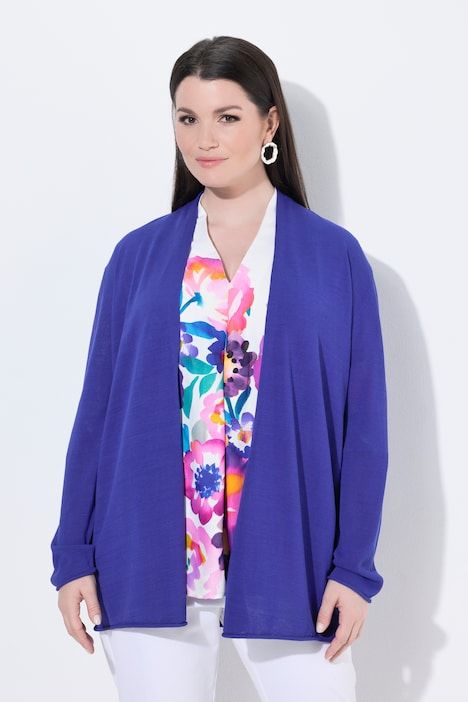 Cardigan, bords roulés, coupe en A, col calice, manches longues