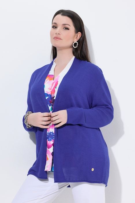 Cardigan, bords roulés, coupe en A, col calice, manches longues