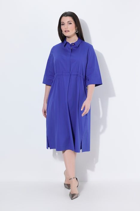 Robe midi, détails argentés, coupe A, col chemise, manches 3/4