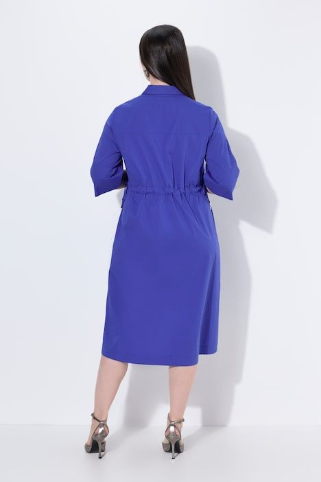 Robe midi, détails argentés, coupe A, col chemise, manches 3/4