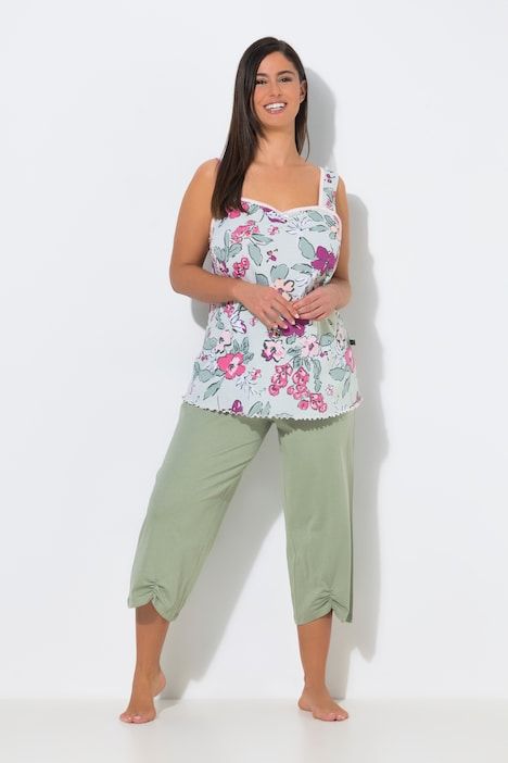 Pyjama, fleurs, décolleté plissé, sans manches, pantalon 3/4