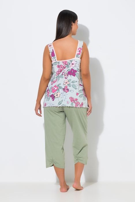 Pyjama, fleurs, décolleté plissé, sans manches, pantalon 3/4