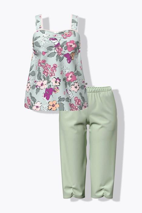 Pyjama, fleurs, décolleté plissé, sans manches, pantalon 3/4