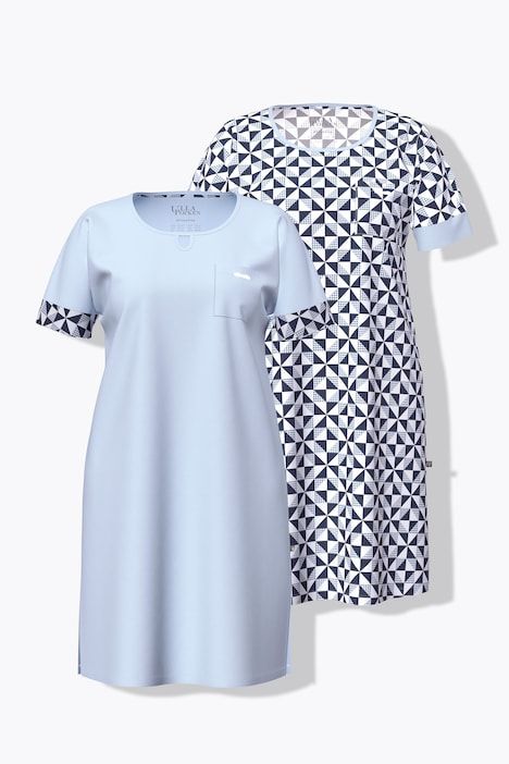 Lot de 2 chemises de nuit / T-shirts longs, motif à carreaux, décolleté rond et manches courtes