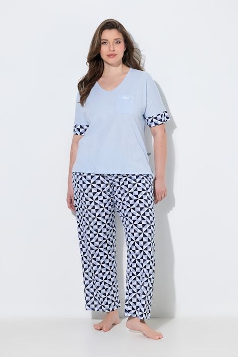 Pyjama deux pièces,motif à carreaux, décolleté en V et manches courtes