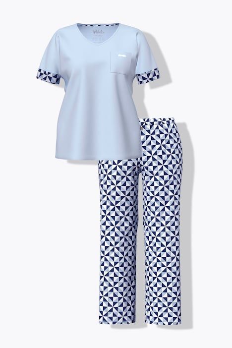 Pyjama deux pièces,motif à carreaux, décolleté en V et manches courtes