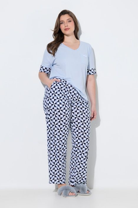 Pyjama deux pièces,motif à carreaux, décolleté en V et manches courtes
