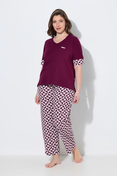 Pyjama deux pièces,motif à carreaux, décolleté en V et manches courtes