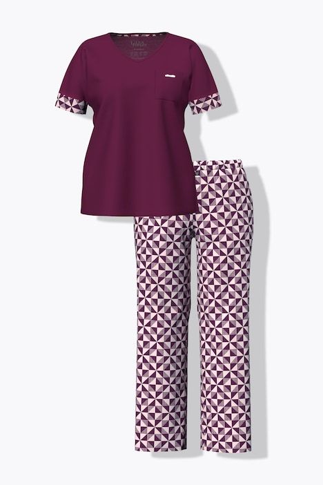 Pyjama deux pièces,motif à carreaux, décolleté en V et manches courtes