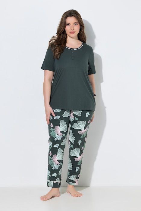 Pyjama motif feuilles de ginkgo, décolleté rond et manches courtes