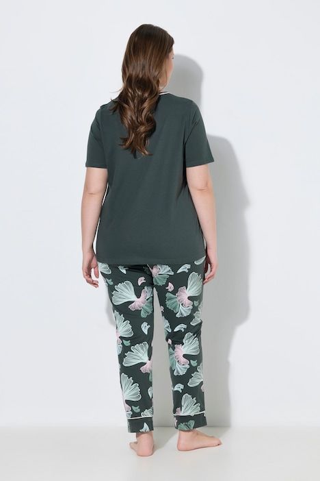 Pyjama motif feuilles de ginkgo, décolleté rond et manches courtes