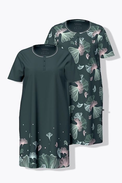 Lot de 2 chemises de nuit / T-shirts longs, motif feuilles de ginkgo, décolleté rond et manches courtes