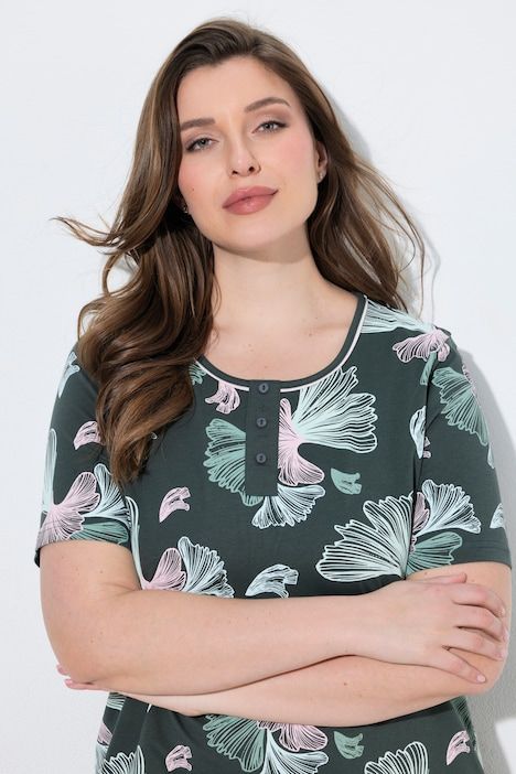 Lot de 2 chemises de nuit / T-shirts longs, motif feuilles de ginkgo, décolleté rond et manches courtes