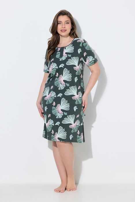 Lot de 2 chemises de nuit / T-shirts longs, motif feuilles de ginkgo, décolleté rond et manches courtes