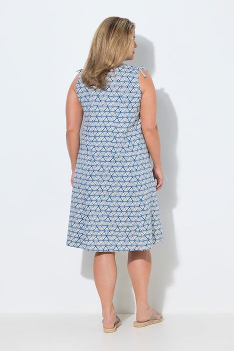 Robe midi, motif losange, coupe A, col V, sans manches