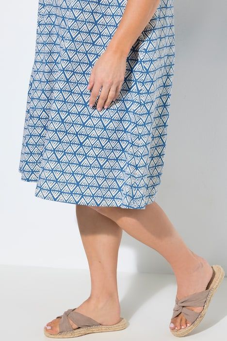 Robe midi, motif losange, coupe A, col V, sans manches
