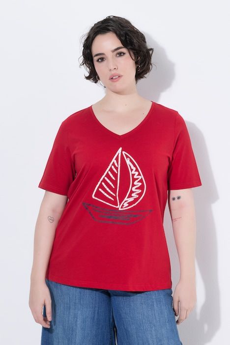 T-shirt, col V, manches courtes, motif bateau