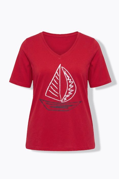 T-shirt, col V, manches courtes, motif bateau