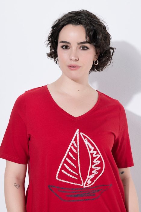 T-shirt, col V, manches courtes, motif bateau