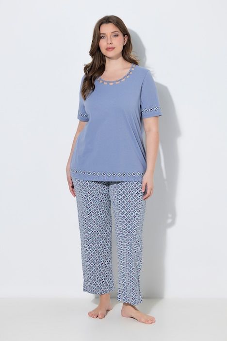 Pyjama deux pièces, T-shirt avec bordure ajourée, décolleté rond et manches courtes