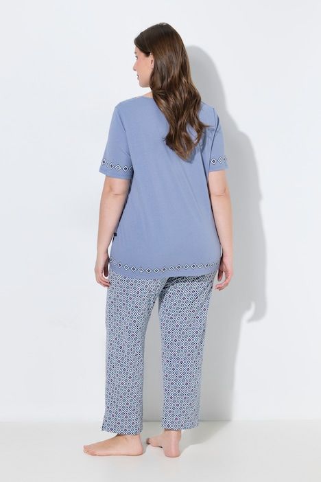 Pyjama deux pièces, T-shirt avec bordure ajourée, décolleté rond et manches courtes