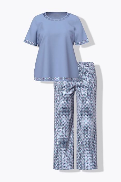 Pyjama deux pièces, T-shirt avec bordure ajourée, décolleté rond et manches courtes