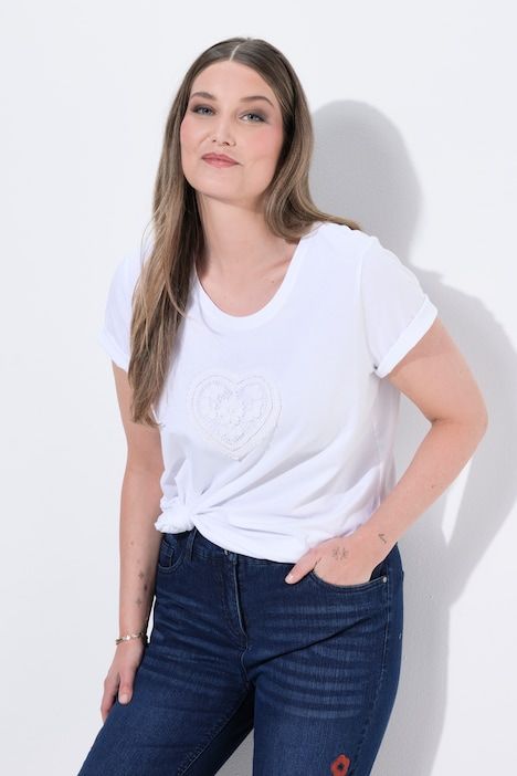 T-shirt, col rond, manches courtes, motif de cœur