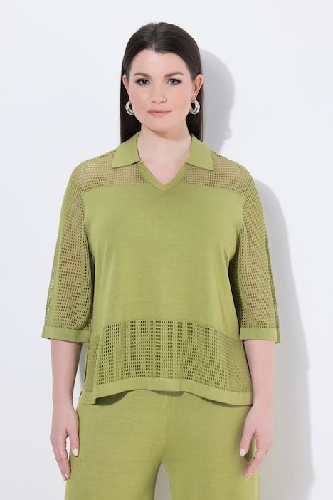 T-shirt en maille ajourée, col V, manches courtes
