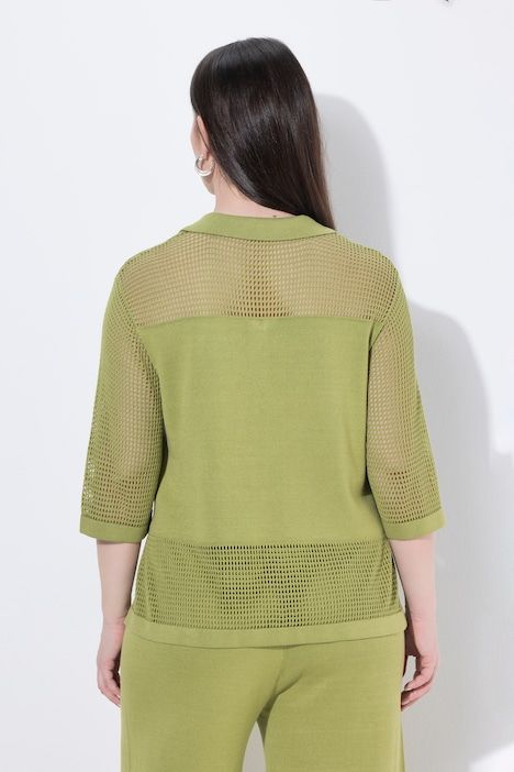 T-shirt en maille ajourée, col V, manches courtes