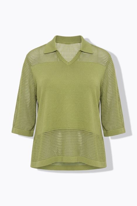 T-shirt en maille ajourée, col V, manches courtes