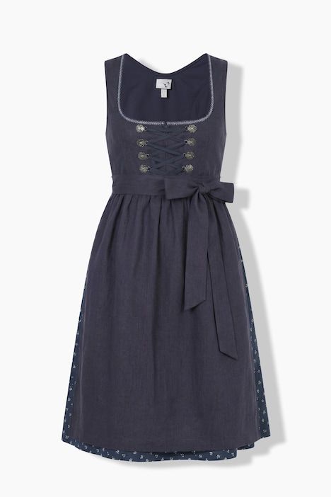 Dirndl en lin mélangé, fleurs, col carré, laçage